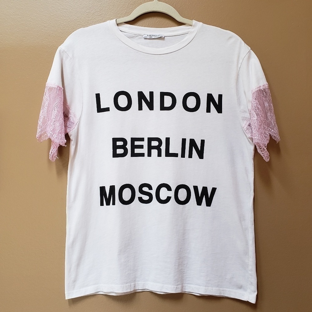 Zara London Berlin Moscow lace sleeve tee